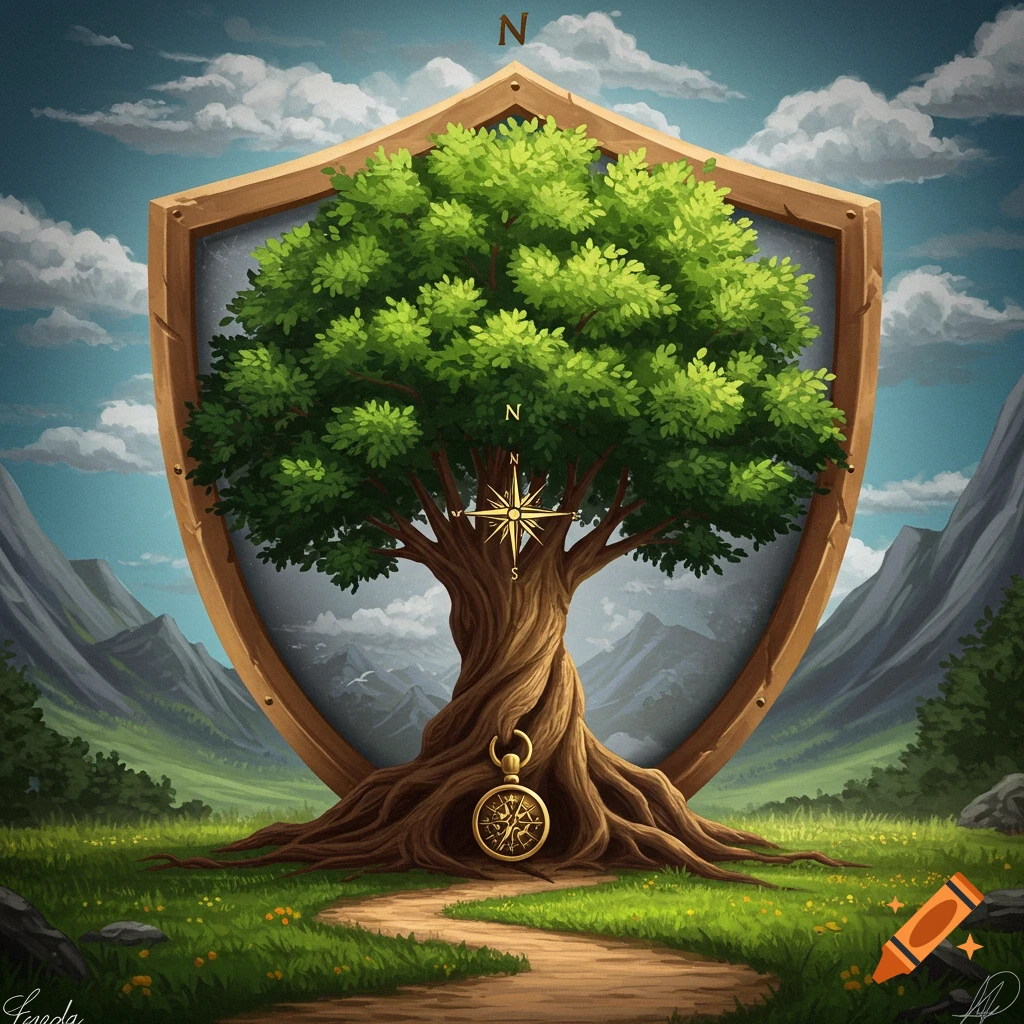 A tree is within a shield with a compass hanging from it, in a fantasy mountain landscape.