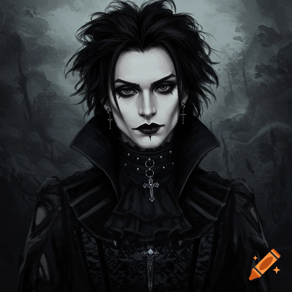 Portrait of a person with dark hair and Gothic makeup and clothing against a dark background.