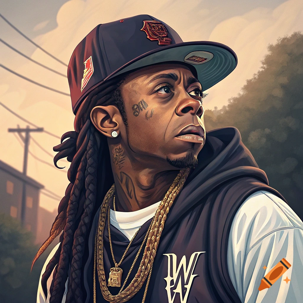 Illustrative portrait of a man resembling Lil Wayne in a cap and chains.