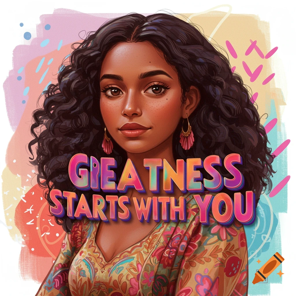 A woman with curly hair and colorful dress, with text 'GREATNESS STARTS WITH YOU'