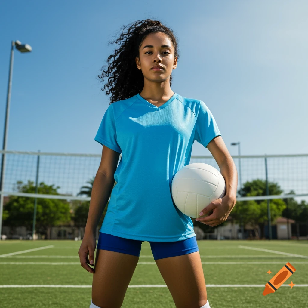 Woman in blue sports jersey and shorts standing on a volleyball court holding a volleyball