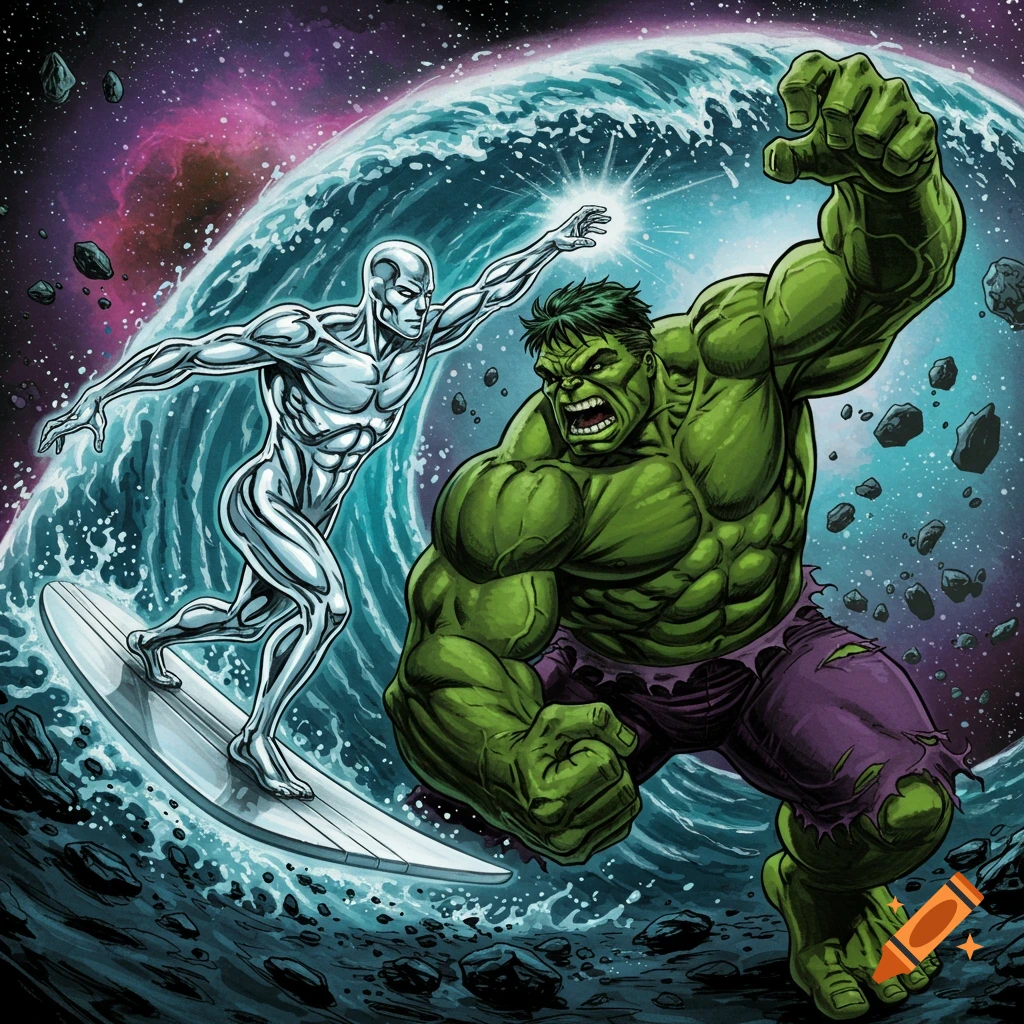 Silver Surfer surfing on a wave facing off against the Incredible Hulk in space.