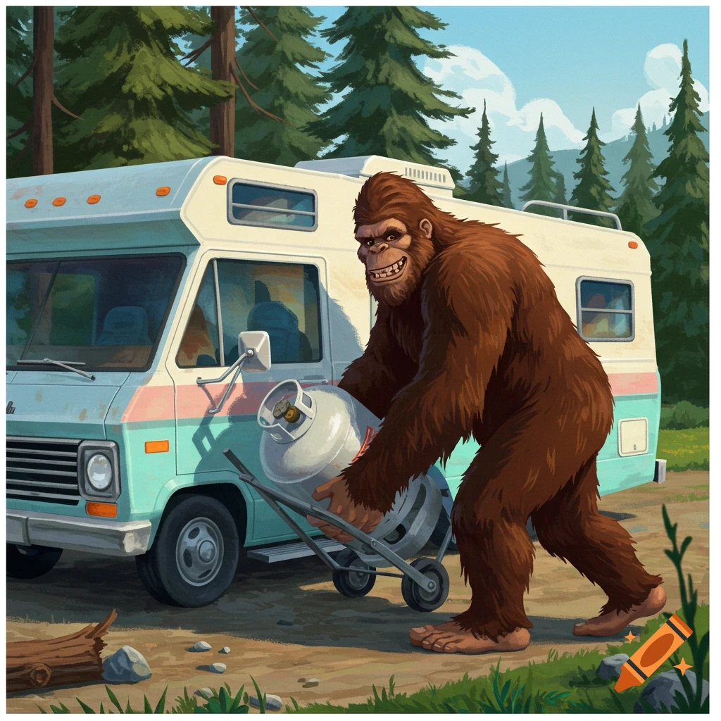 Bigfoot stealing a propane tank from an RV in a forest clearing.