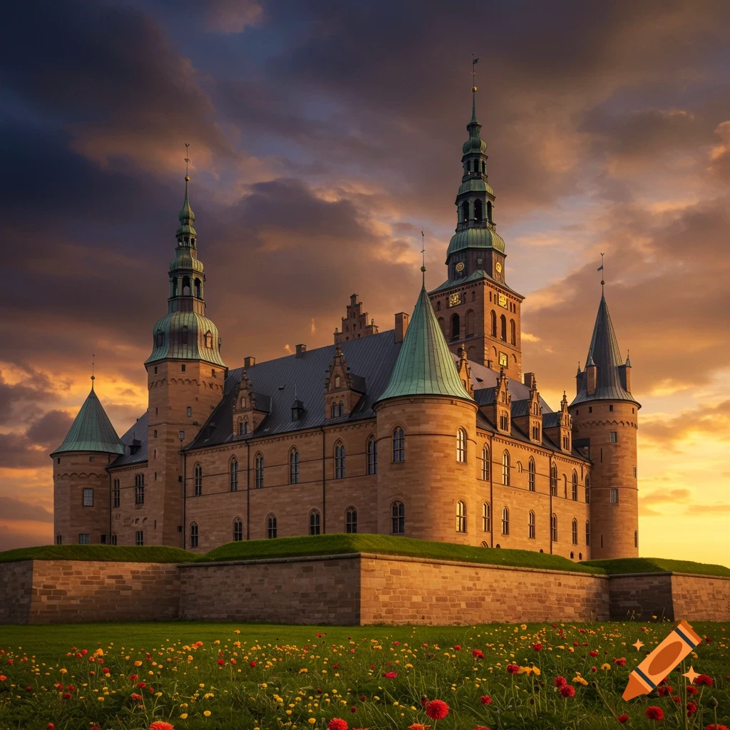 A large stone castle with green roofs and towers stands against a dramatic sunset sky, with flowers in the foreground.