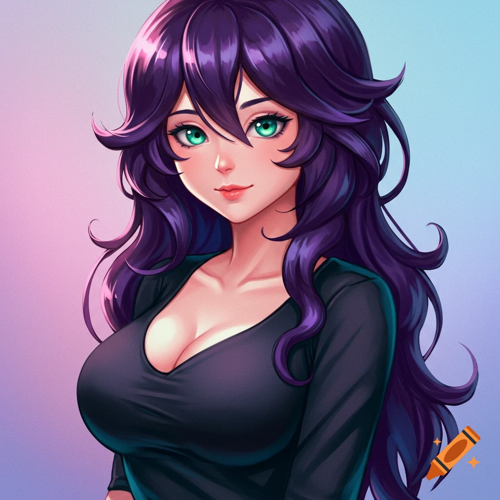 Anime woman with purple hair and green eyes wearing a black shirt