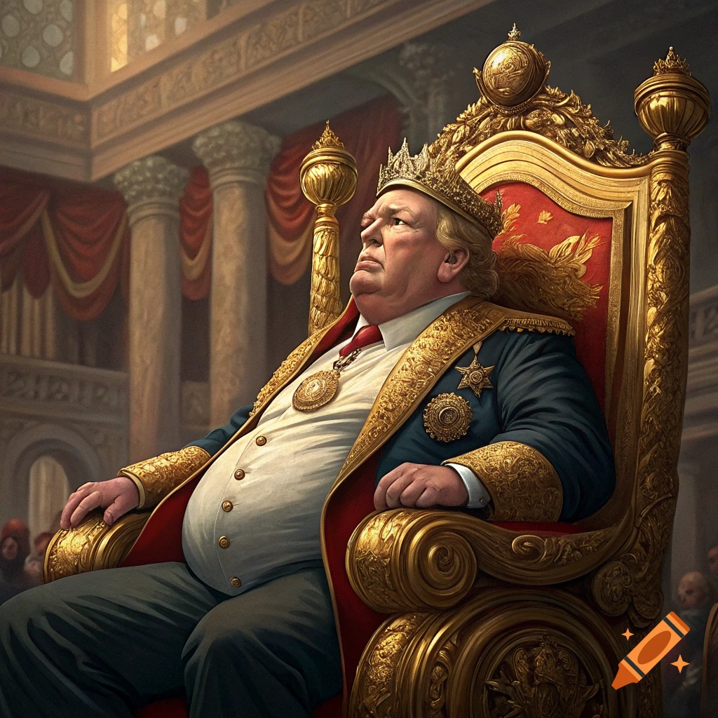 Donald Trump sits on a golden throne, wearing a crown and regal robes.