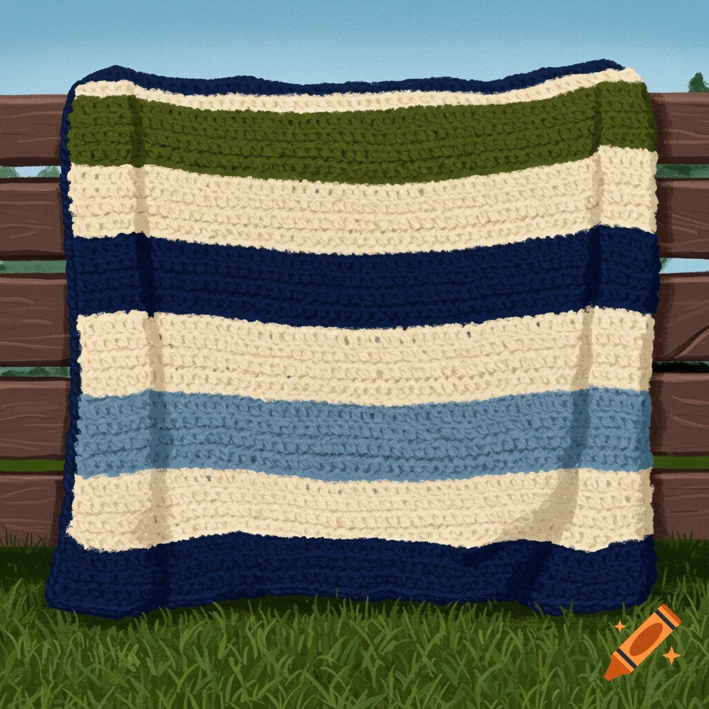A striped crochet blanket draped over a fence.