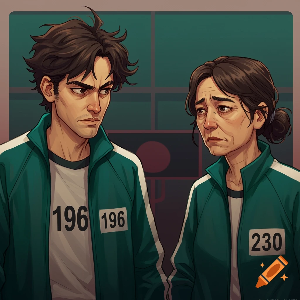 Image of a determined man (196) and worried woman (230) from Squid Game in green tracksuits.