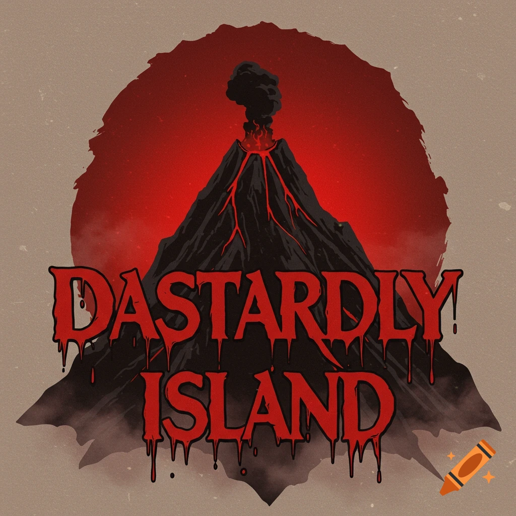 Logo of a volcano silhouette with the words 'Dastardly Island' in dripping red font against a red sun.