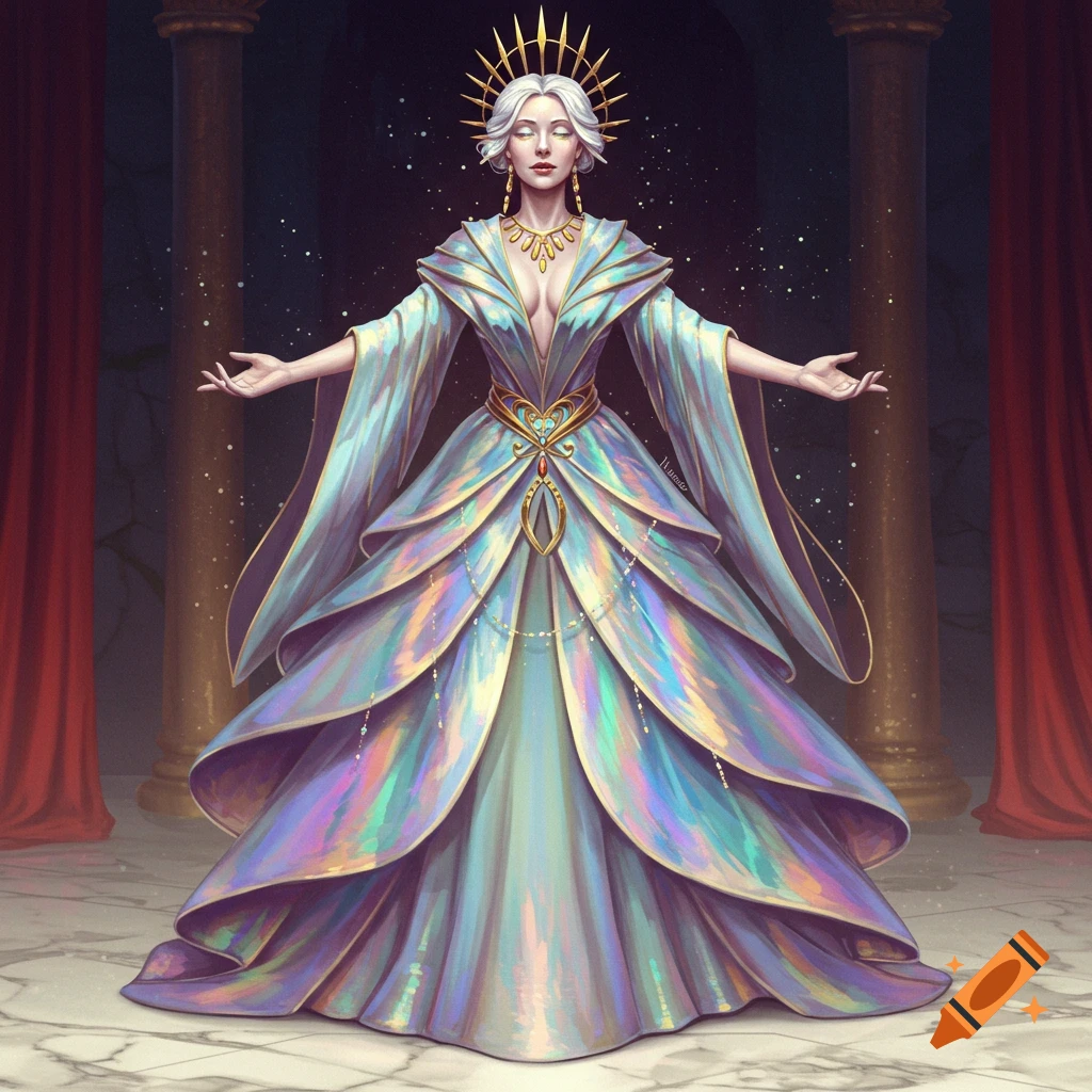 A woman in an iridescent layered dress and ornate headdress stands between pillars with curtains.