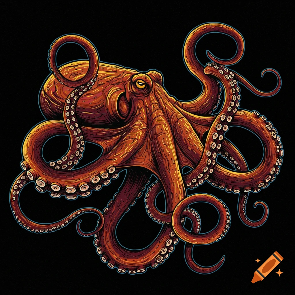 Illustration of an orange octopus with hotrod pinstriping details on a black background.