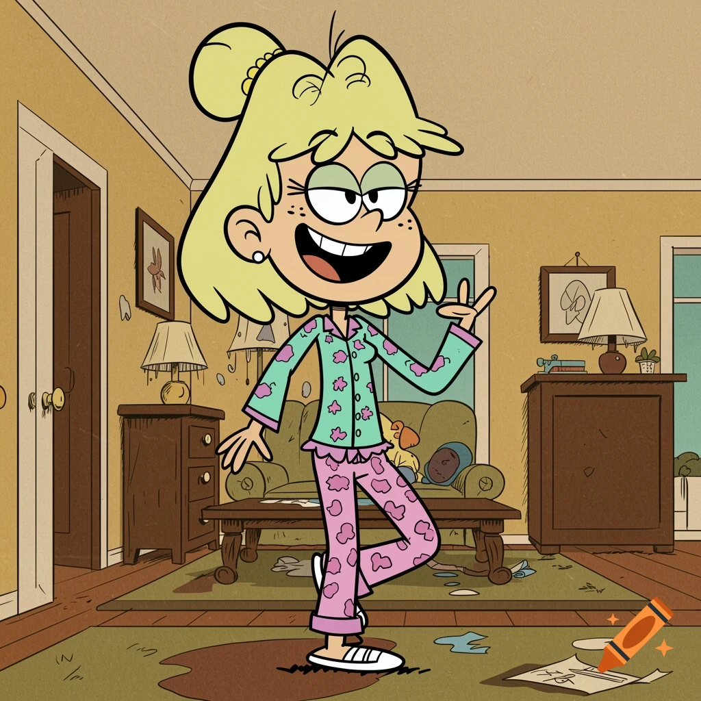 Cartoon character in pajamas standing in a cluttered living room