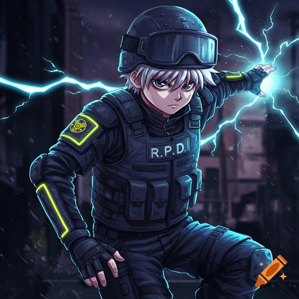 An anime character in dark SWAT gear with R.P.D. text, generating blue lightning.