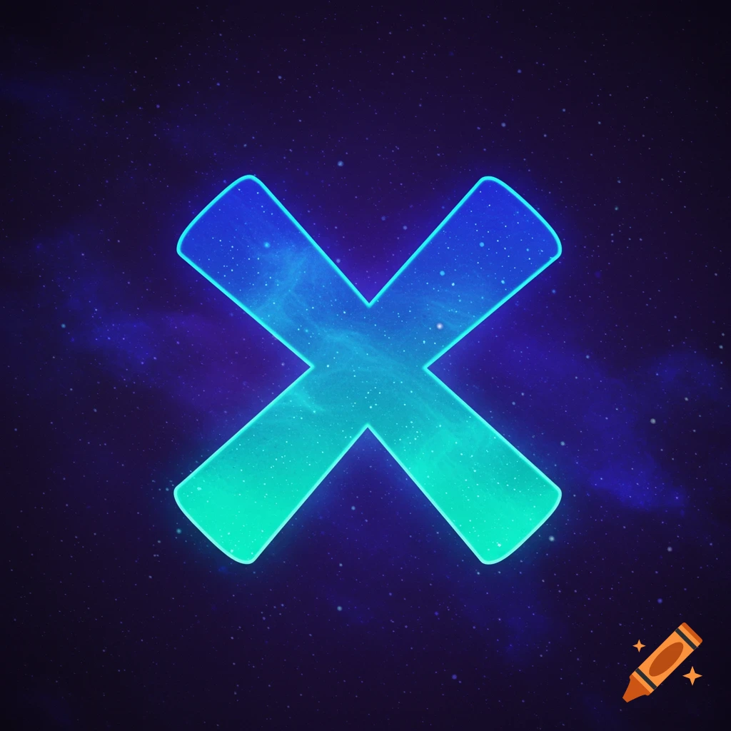 Glowing blue and turquoise 'X' symbol against a starry space background.