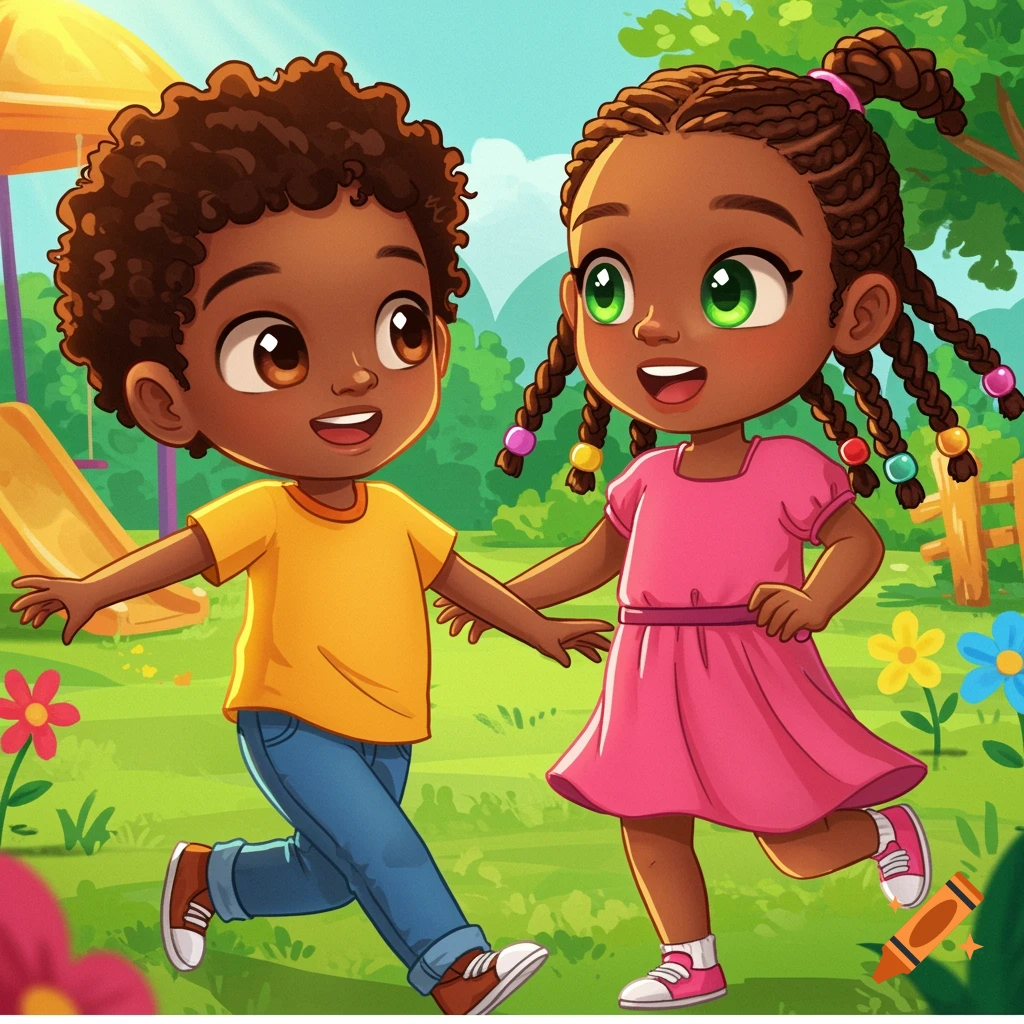 Cartoon illustration of two happy children playing in a park.