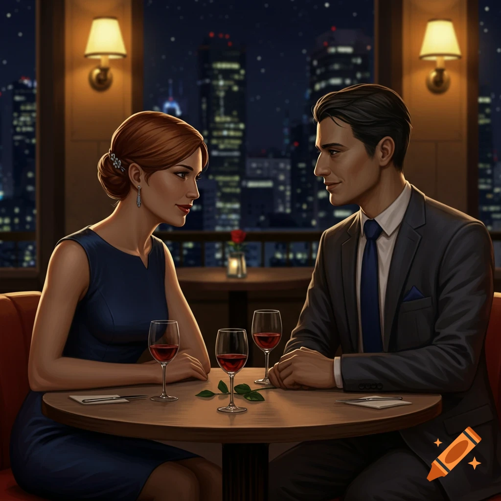 A couple looks at each other while having dinner at a restaurant with a city skyline view.