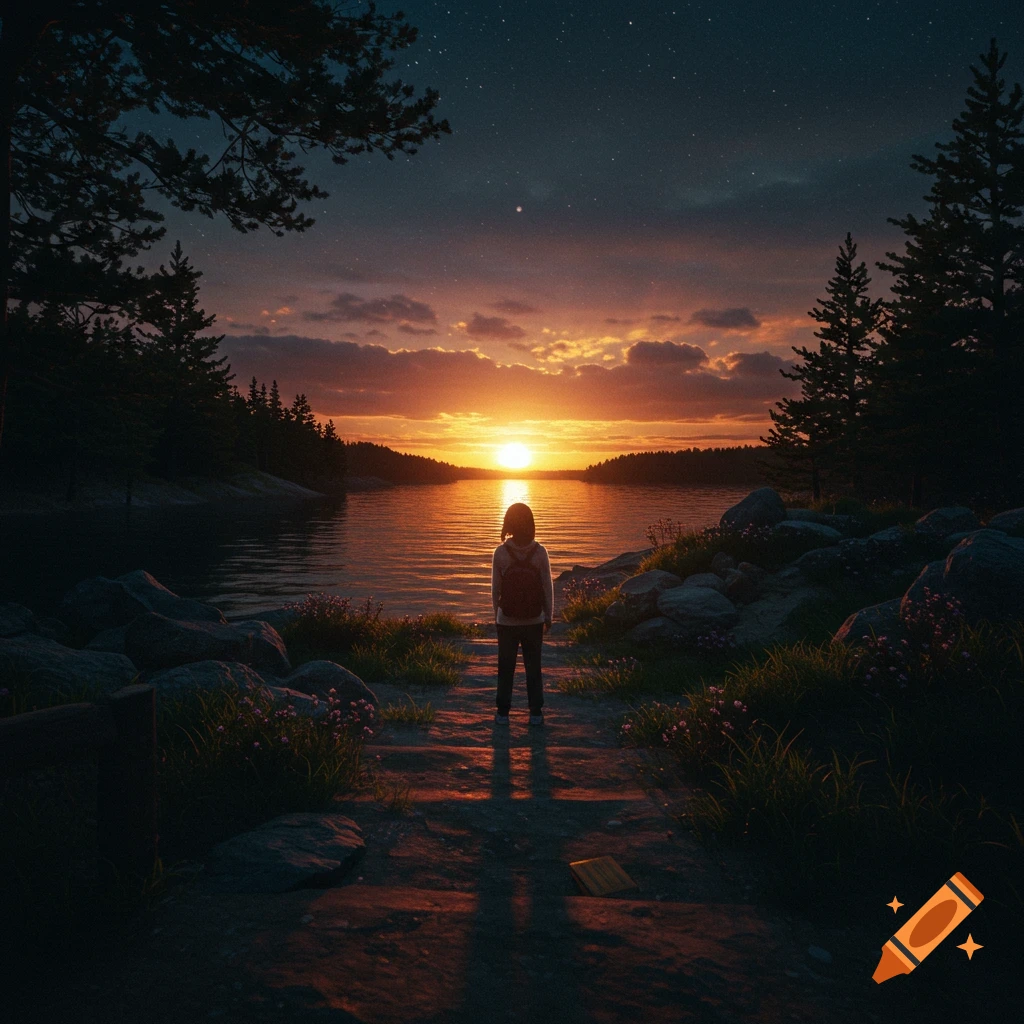 A person stands by a lake looking at a sunset over the water, surrounded by trees and rocks under a starry sky.