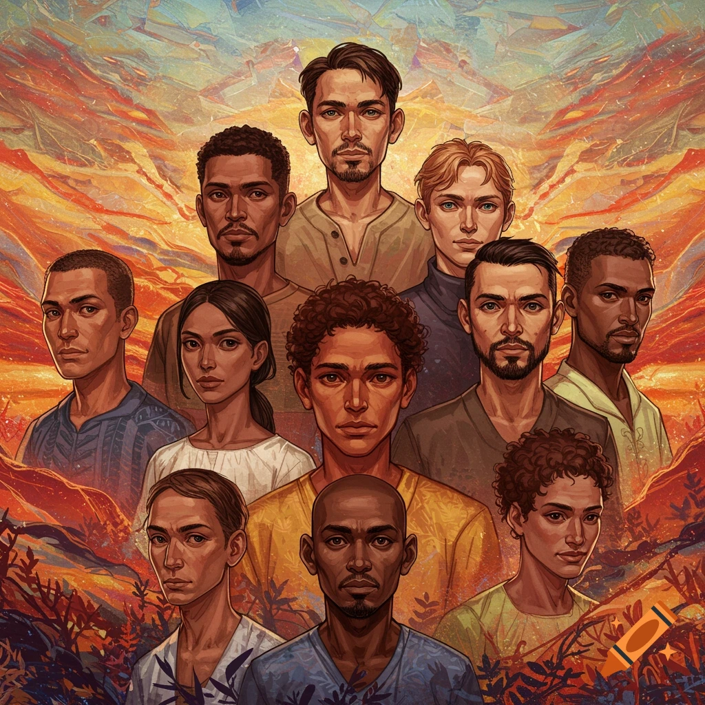 A diverse group of people stands against an abstract sunset landscape.