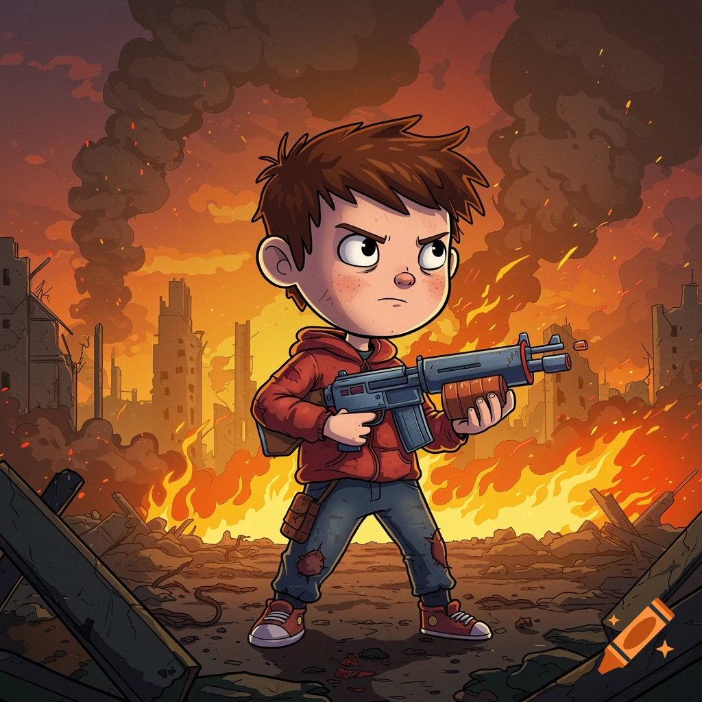 Cartoon boy holding gun in destroyed city with fire and smoke.