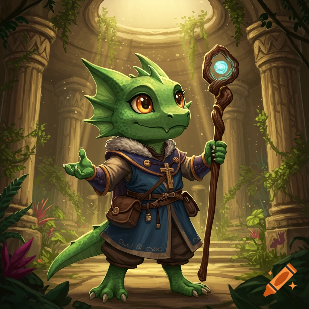 A cute green kobold cleric holding a glowing staff stands in ancient jungle ruins.