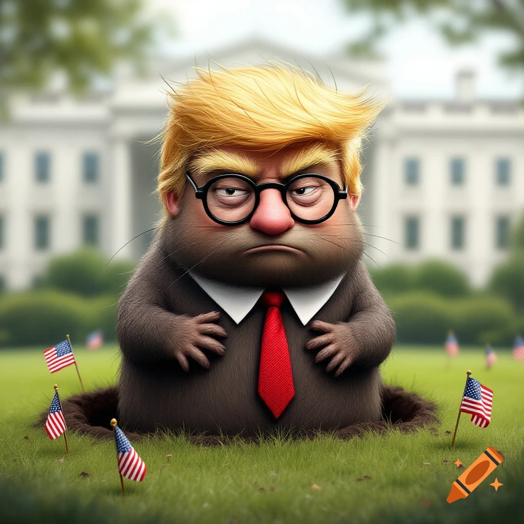 Cartoonish mole with blonde hair and red tie emerging from a hole on a lawn with US flags, White House in background.
