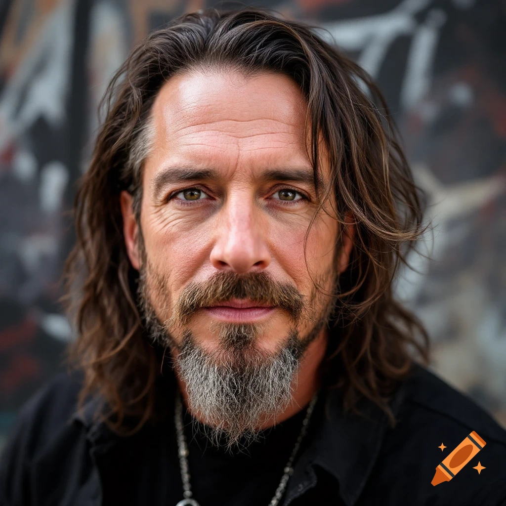 Close-up portrait of a man with long hair and a beard
