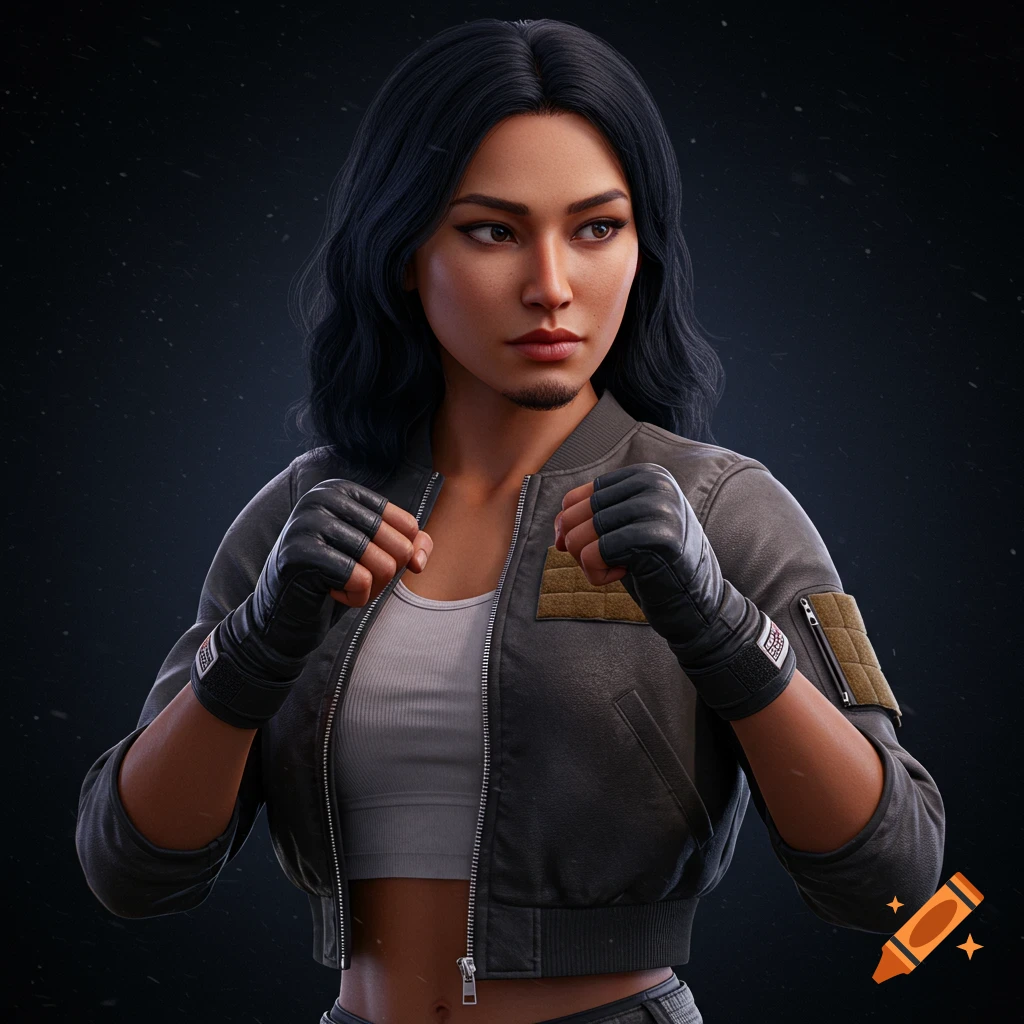 Ultra-detailed 3D portrait of a woman in a bomber jacket and fighting gloves, posed defensively.