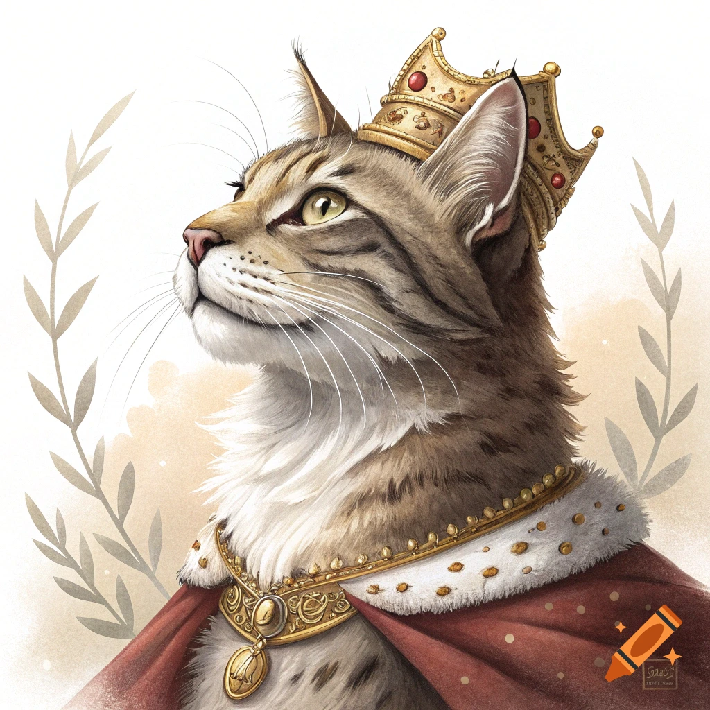 Illustration of a tabby cat wearing a gold crown and a red and white cape.