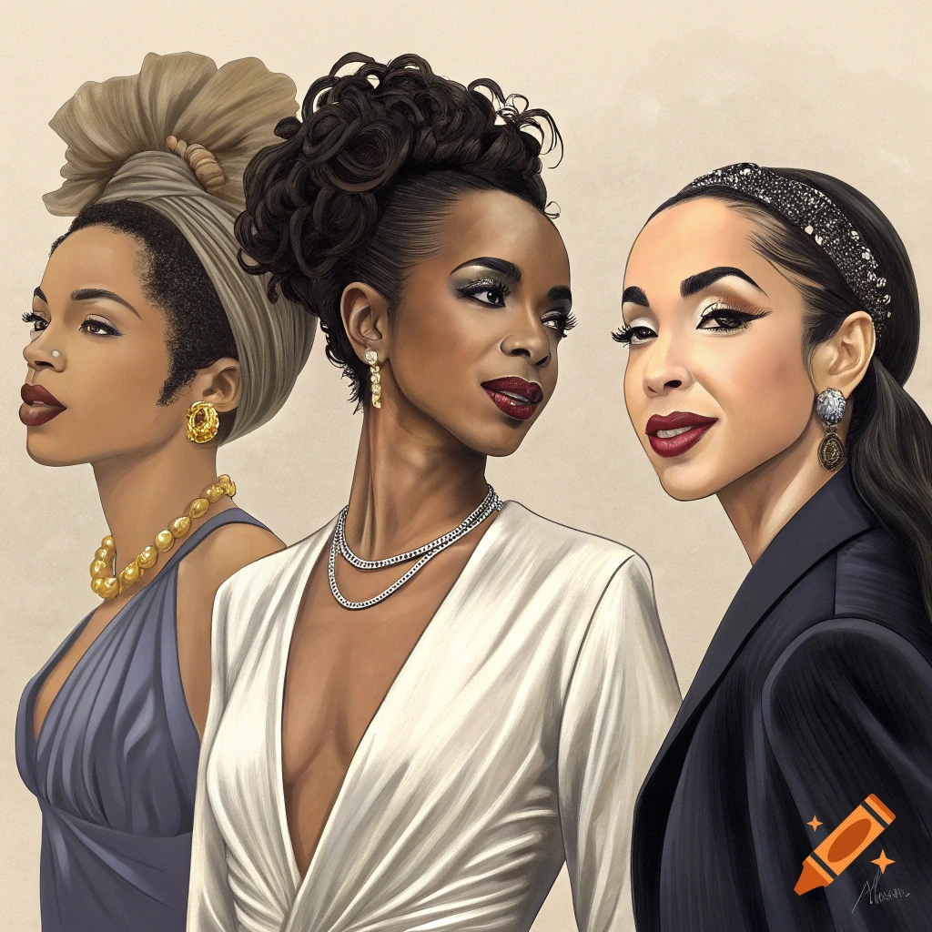 Stylized portrait of three women, likely Sade Adu, Lauryn Hill, and Amy Winehouse, in formal attire.