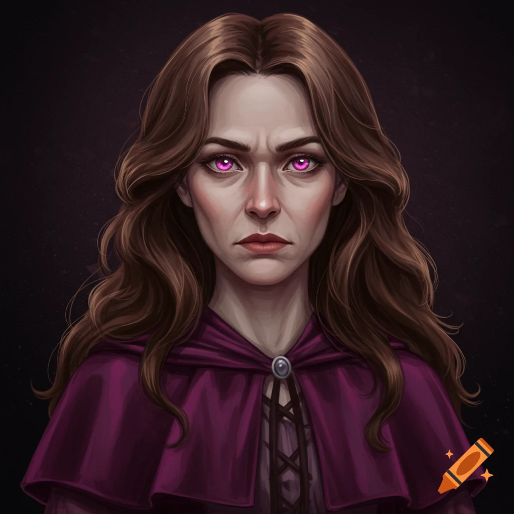 A woman with magenta eyes and purple cape.