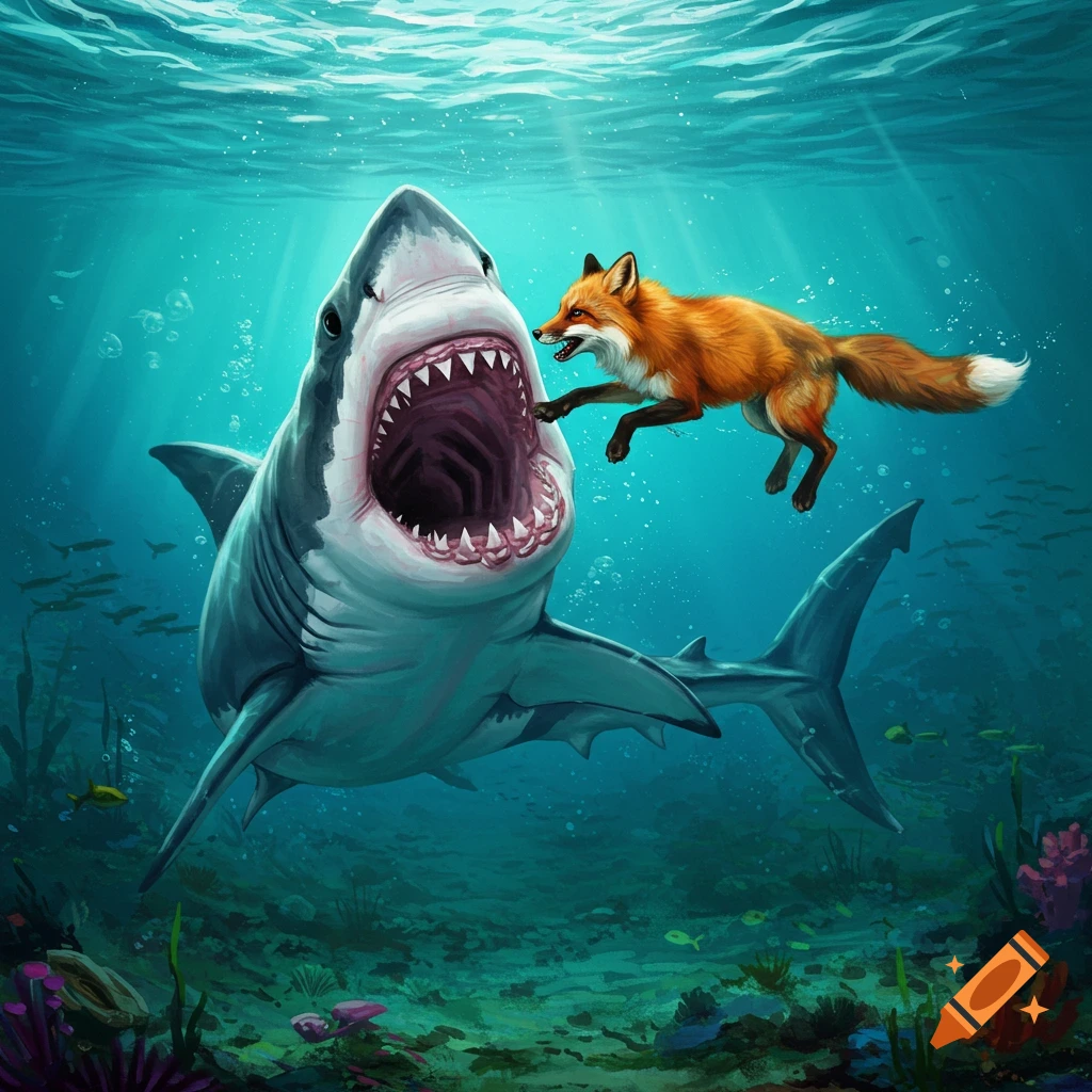 A shark with an open mouth and a fox jumping towards it underwater