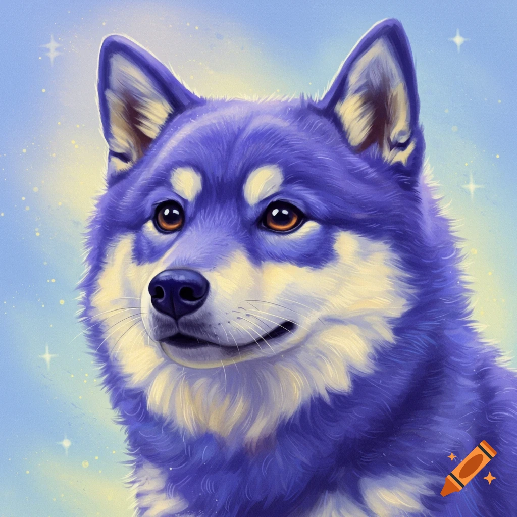 A portrait of a husky-like dog with purple and yellow fur, against a starry blue sky.
