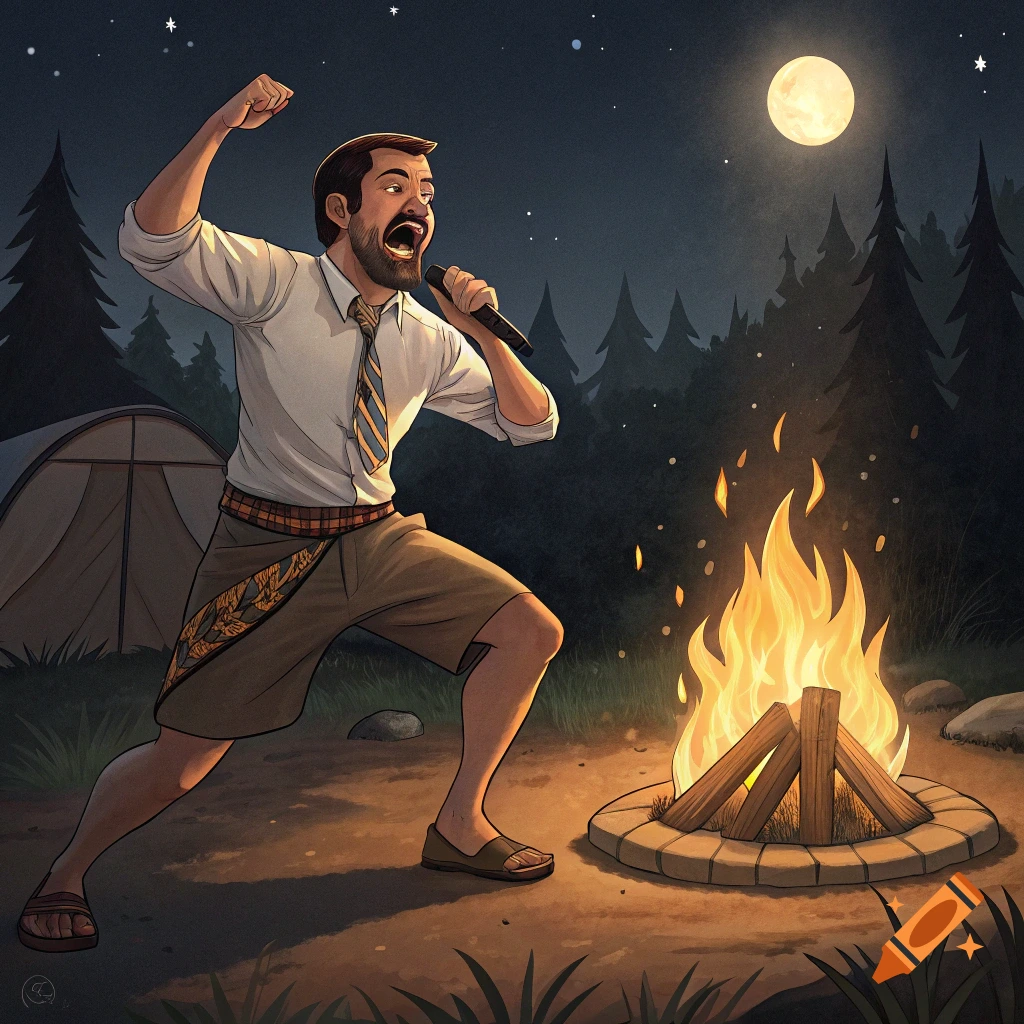 Stylized illustration of a man in a shirt and tie singing karaoke by a campfire at night with a tent and forest.