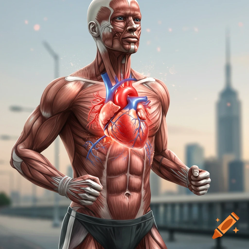 A muscular person with visible anatomy (muscles, beating heart) is running in a city.