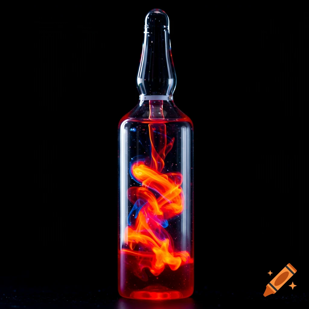 A sealed glass ampule containing swirling red and blue liquid against a black background.