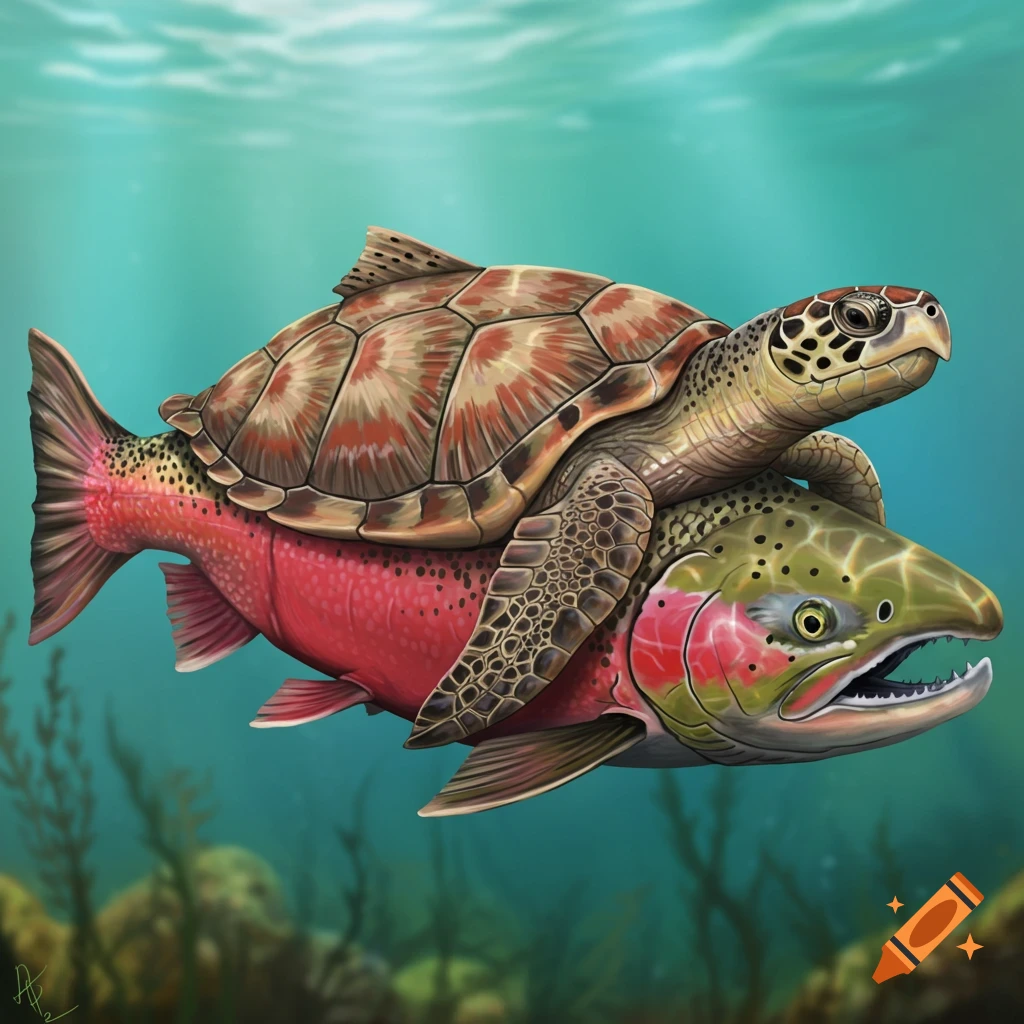 A sea turtle riding on the back of a salmon underwater