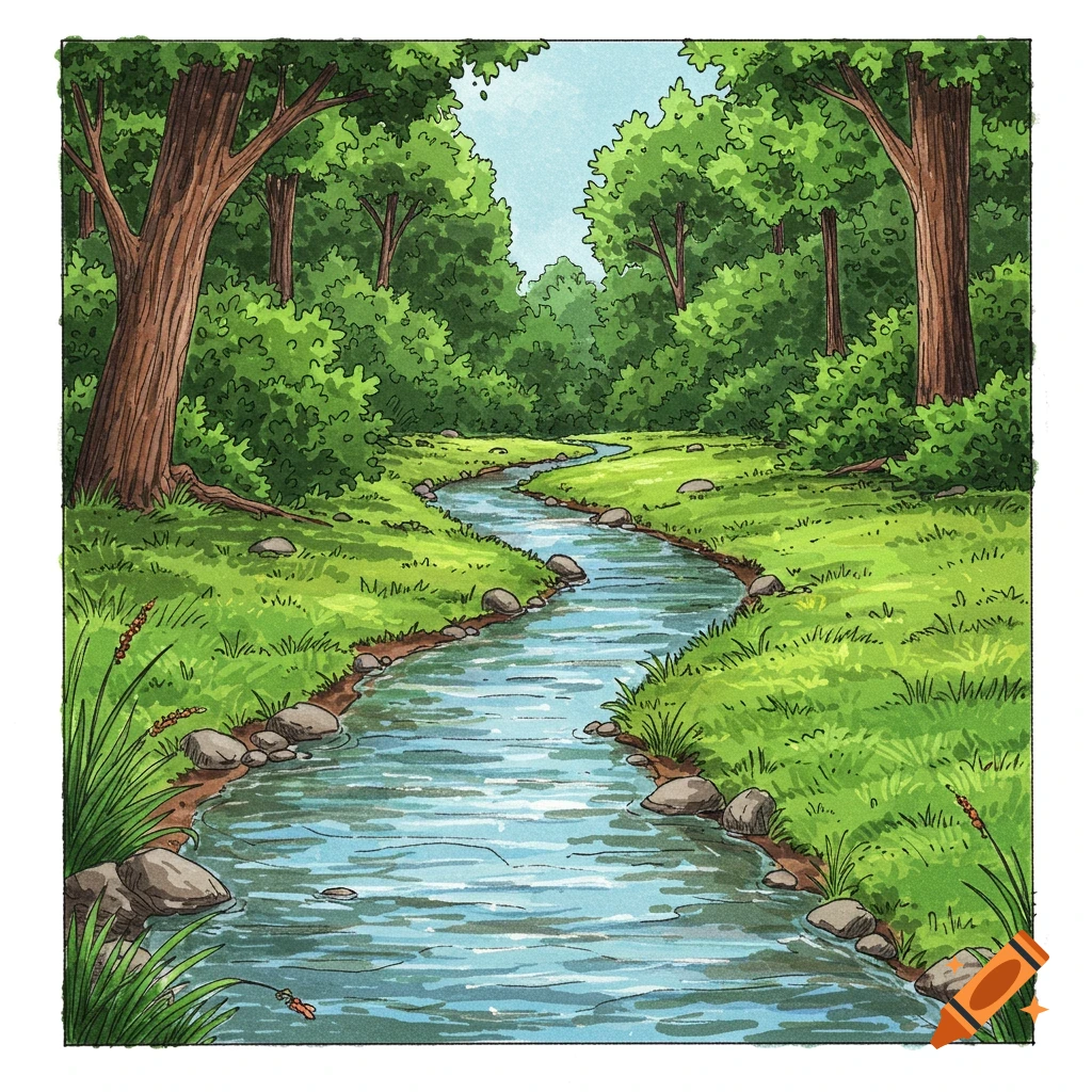 Illustration of a winding stream flowing through a forest with green grass and trees.