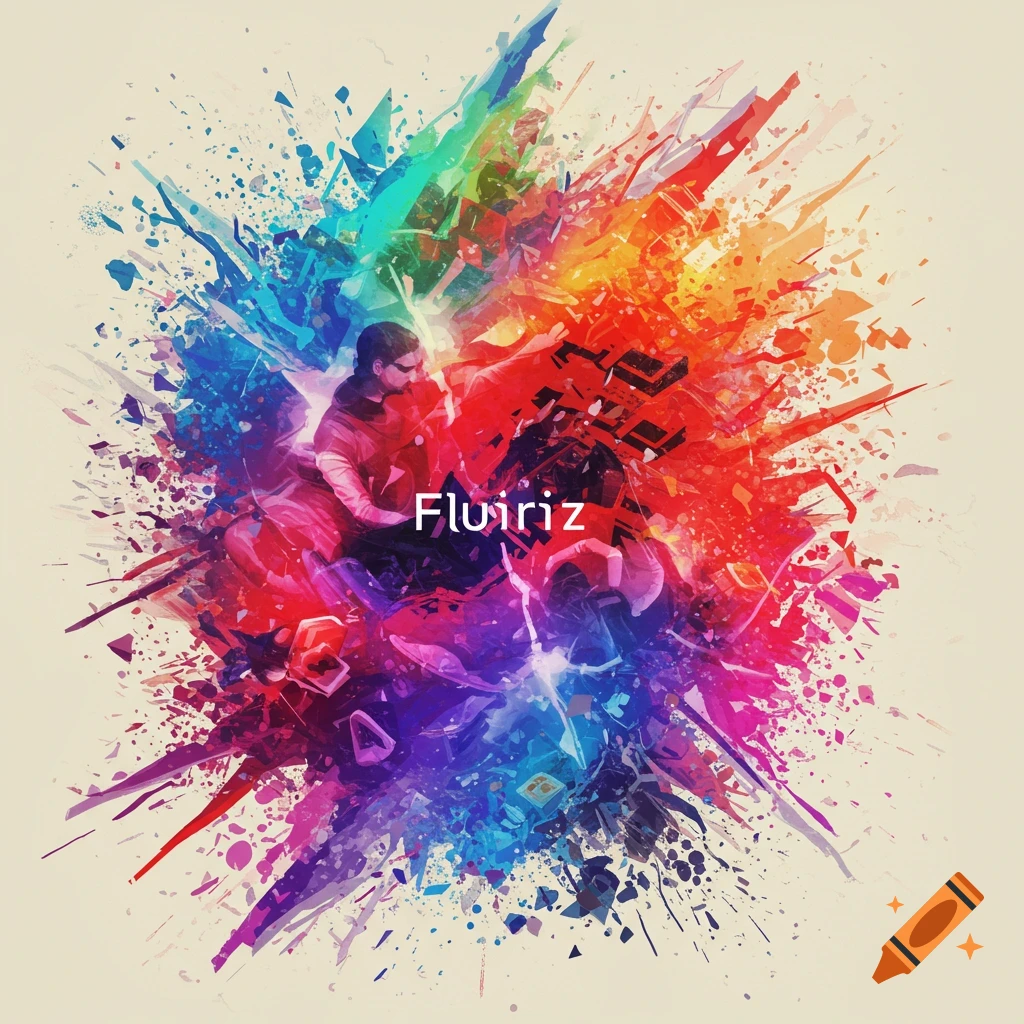 Person centered in vibrant, abstract painting of colorful paint splatter with text "Fluiriz".