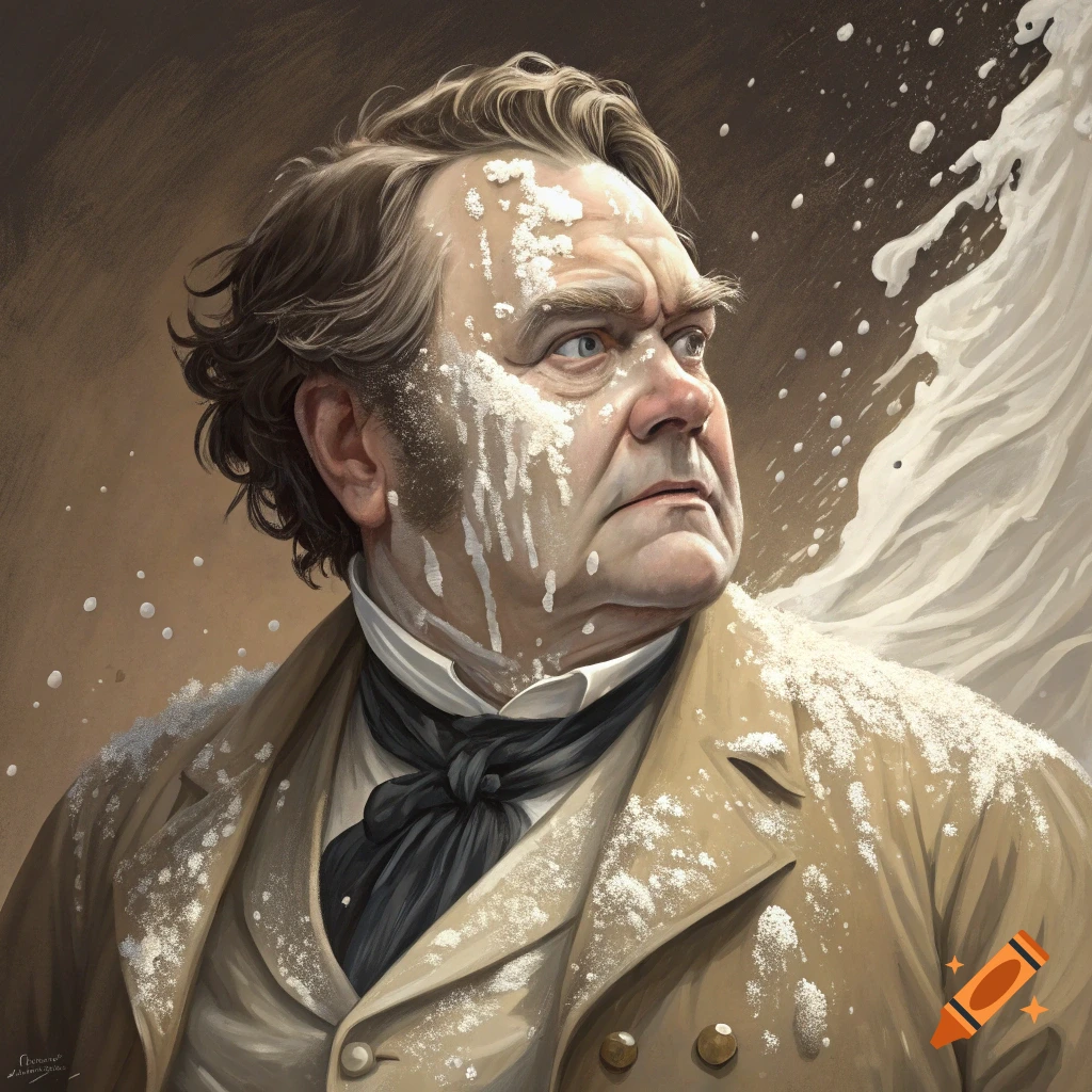 Portrait of a man in historical clothing covered in cream splashes.