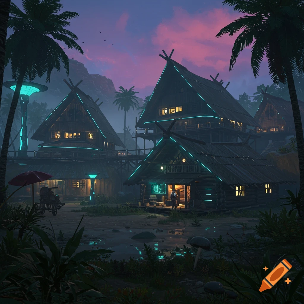 Futuristic cabins with neon lights in a tropical village at night