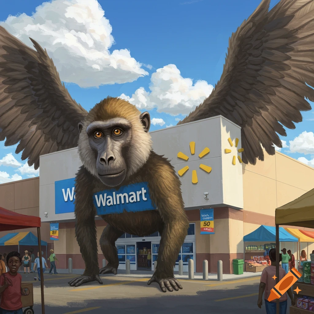A large winged baboon stands in front of a Walmart.