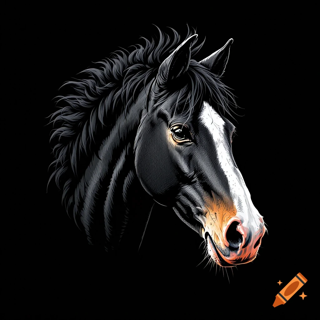 Illustration of a black horse's head with a white blaze on a black background.