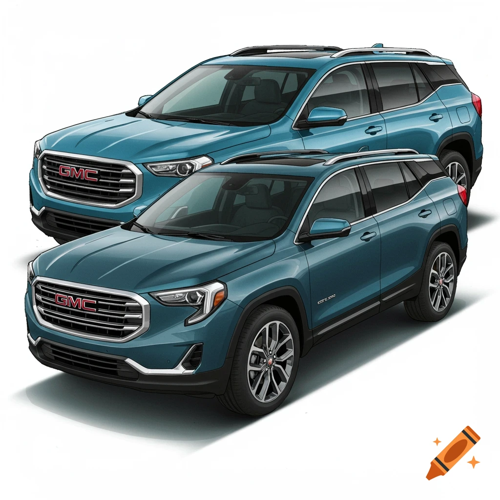 Digital illustration of two blue GMC Terrain SUVs on a white background.
