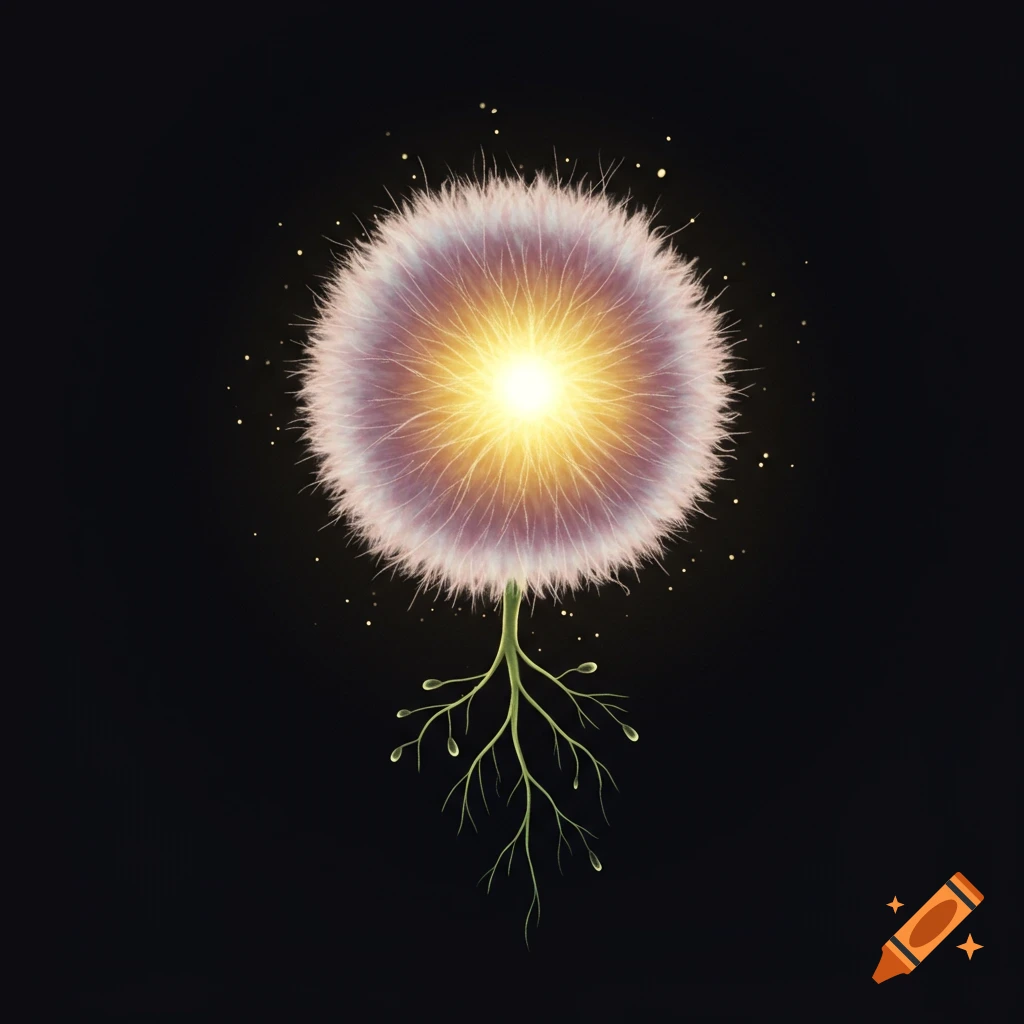 A glowing fluffy seed with roots floating on black.