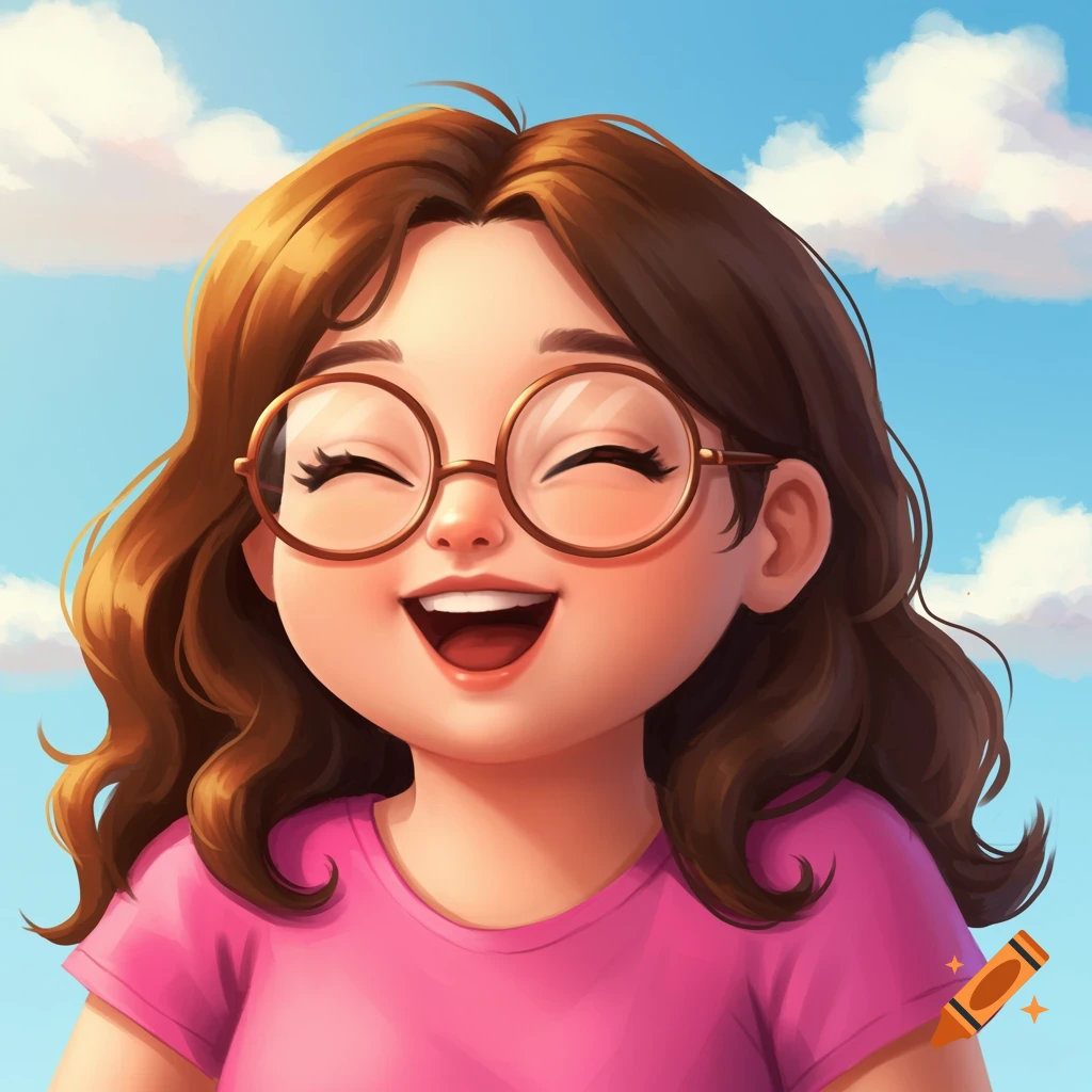 A cheerful cartoon illustration of a young girl with glasses smiling under a blue sky with clouds.