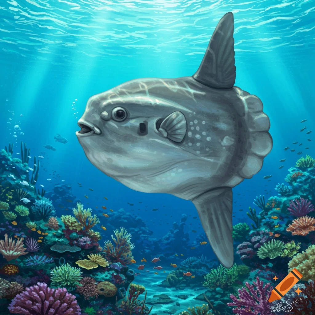 An Ocean sunfish swimming over a vibrant coral reef