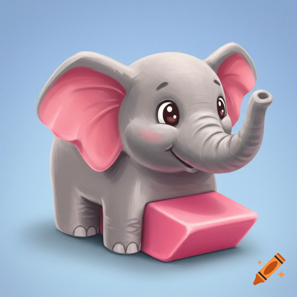 A cartoon elephant character with pink ears stands on a pink block.