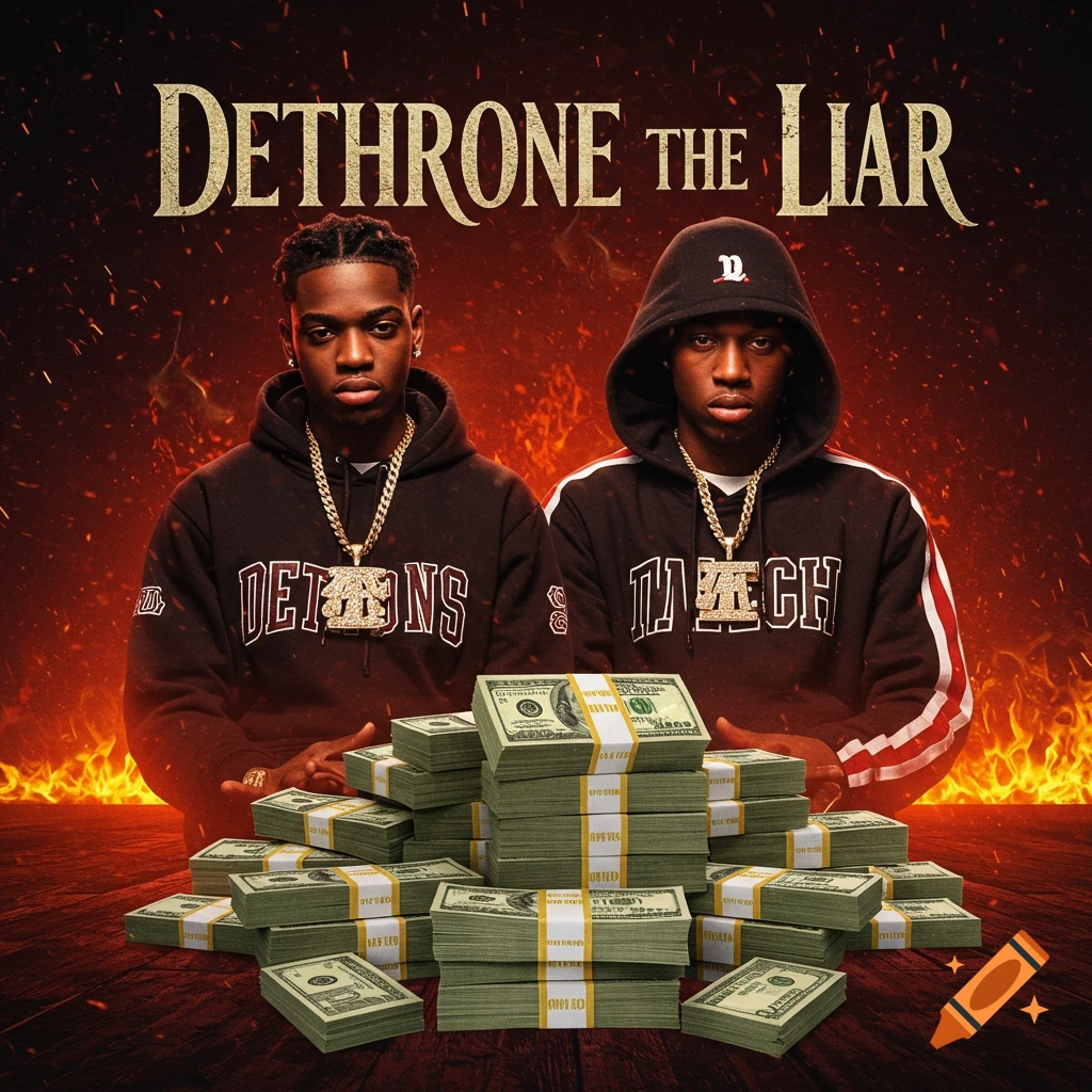 Two young men with gold chains behind stacks of cash, with "Dethrone the Liar" text and a fiery background, in a 90s hip-hop album cover style.