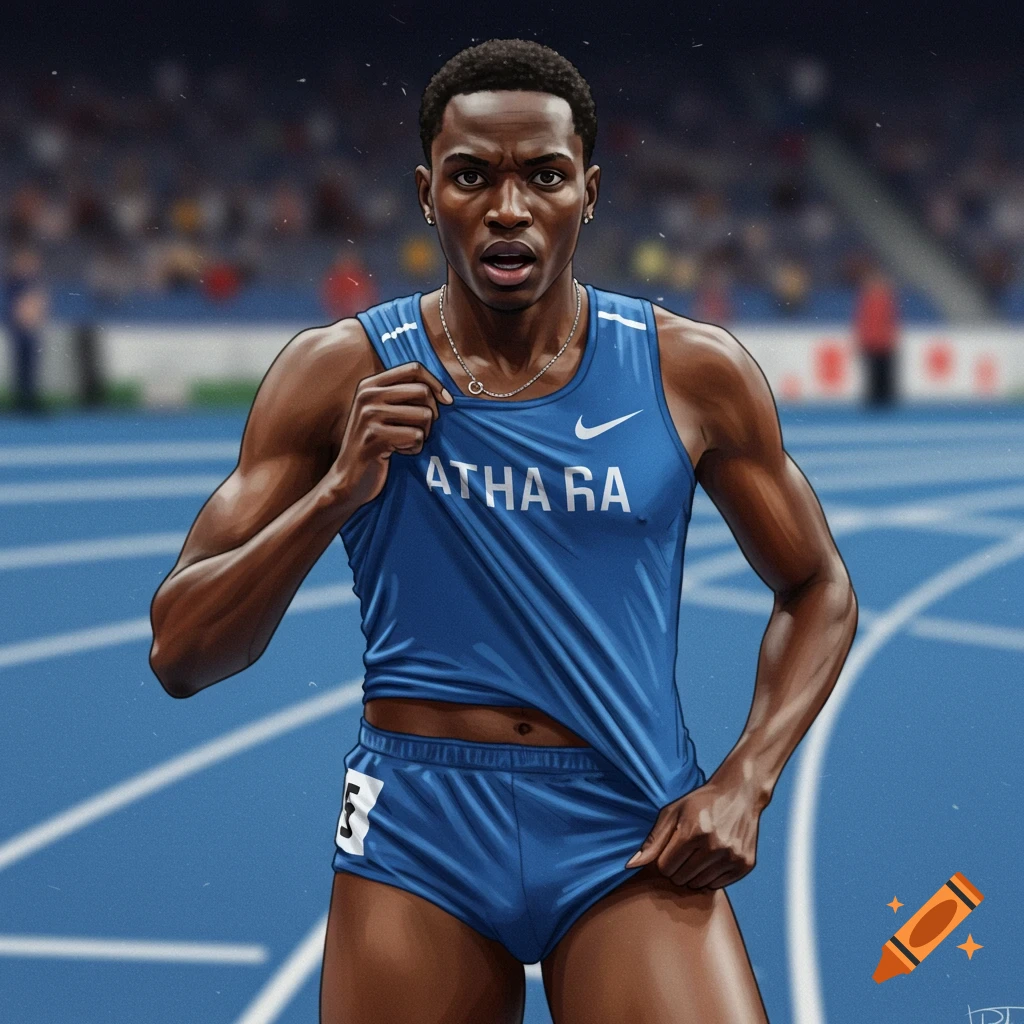 A male athlete in a blue track suit standing on a track in a stadium.