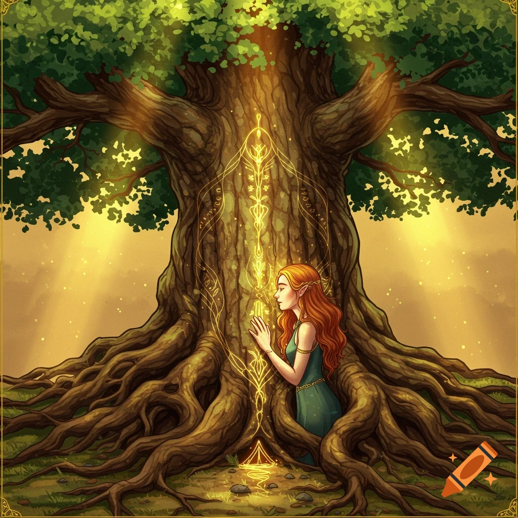 A woman kneels beside a glowing tree with intricate roots and dappled light.
